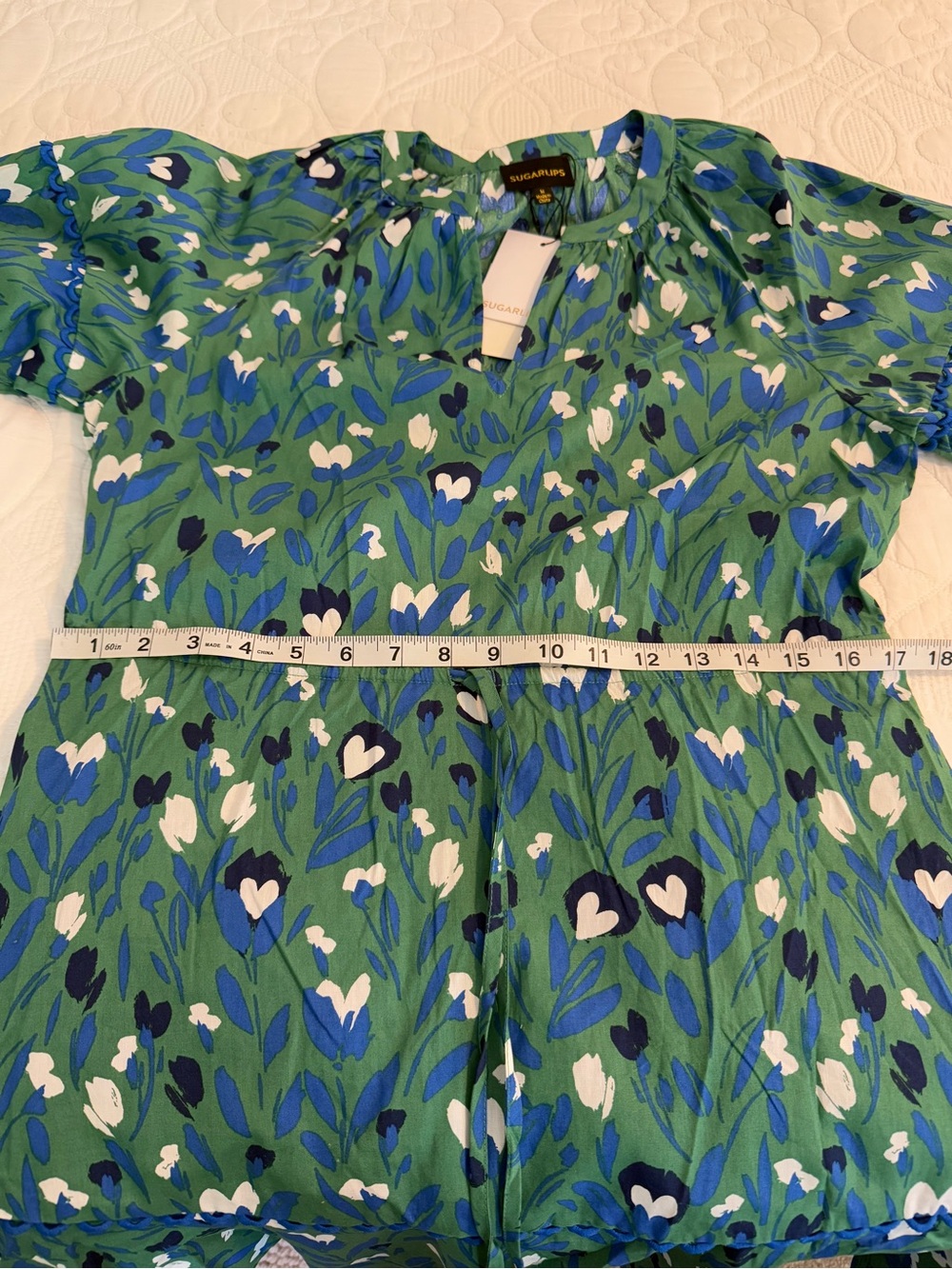 Sugarlips Blue and Green Floral Puff-Sleeve Tiered Dress - Picture 6 of 7